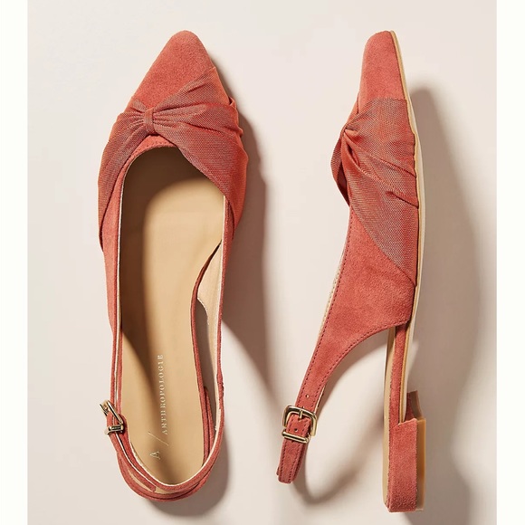 Anthropologie Shoes - Anthropologie Paulina Pink Coral Dusty Rose Suede Bow Slingback Flats sz 9